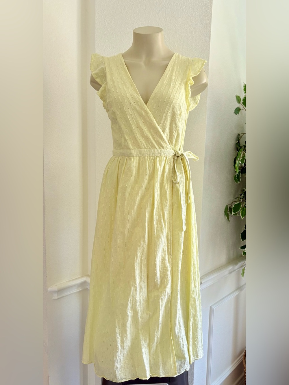 Light Yellow Wrap Dress with Flutter Sleeves